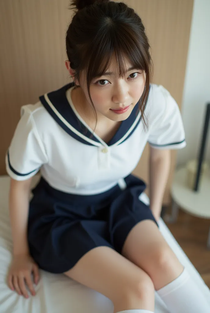 (Masterpiece, Best quality:1.4), (Ultra realistic, Photo-realistic:1.3), nsfw, (Wearing Sailor suit, White short sleeve:1.2), (Dark navy skirt:1.2), (Wearing white sock), (small breasts), (Scared:1.2), Natural light, 20 years old actor, Japanese woman, Nea...