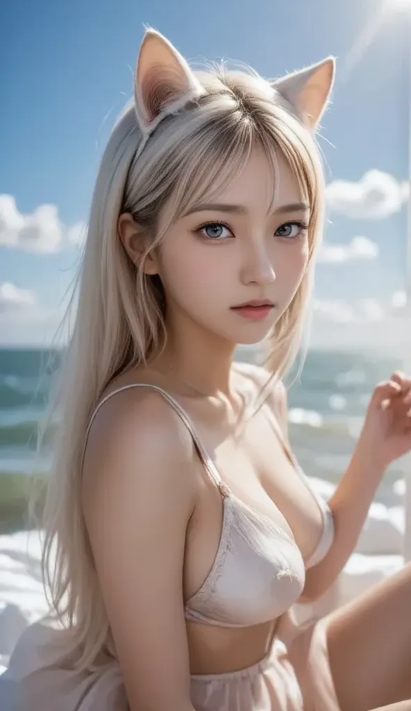  Beautiful girl in dress, (White hair:1.2), Cat ears, Delicate red eyes, blush, (maid costume:1.7), (Steaming :1.3), morning seashore, Blue sky, Colourful dress,