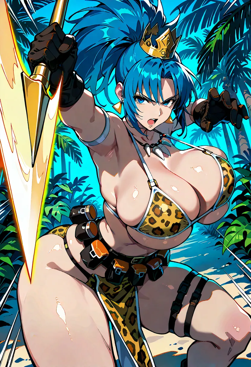 standing, holding golden Spear, dynamic pose,dynamic_angle,casting spell,fighting stance, glowing ember,motion_blur,speed_lines,lens_flare,dark,Lancer stance, skwidbonestyle, golden crown, skindentation, ((huge breast)), big hips, 1girl, Jungle, Pelvic cur...