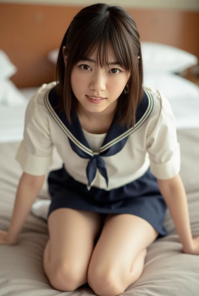 (Masterpiece, Best quality:1.4), (Ultra realistic, Photo-realistic:1.3), nsfw, (Wearing Sailor suit, White short sleeve:1.2), (Dark navy skirt:1.2), (Wearing white sock), (small breasts), (Scared:1.2), Natural light, 20 years old actor, Japanese woman, Nea...