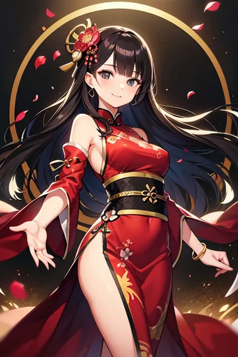 beautiful young man, long black hair, black eyes, tearmole under his left eye, a sword in his right hand, male geisha, red clothes with flower pattern, slender-waisted, delicate figure, man dressed as woman, hairpins, light makeup, smile beautifully, ruby ...