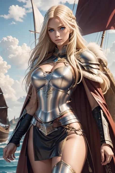 Gorgeous Woman, Valkyrie, Long blonde hair, blue eyes, detailed facial features, proportional hands, proportional fingers, leather armor, fur cape, viking ship,