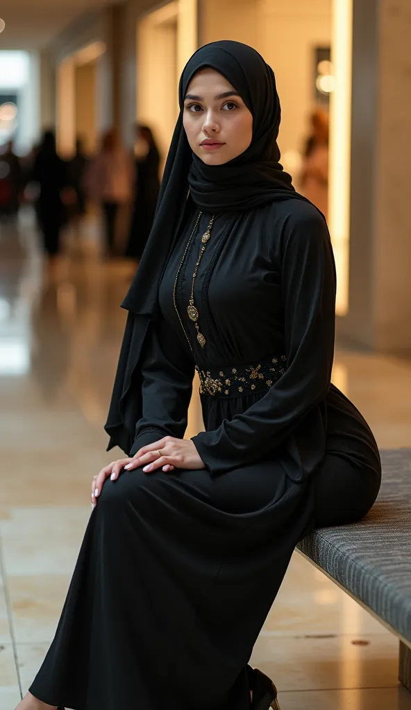 Hijab girl in luxury high heels tight abaya due to accentuate her curves,  Sexy curves in the mall big ass sexy pose sitting on a bench 