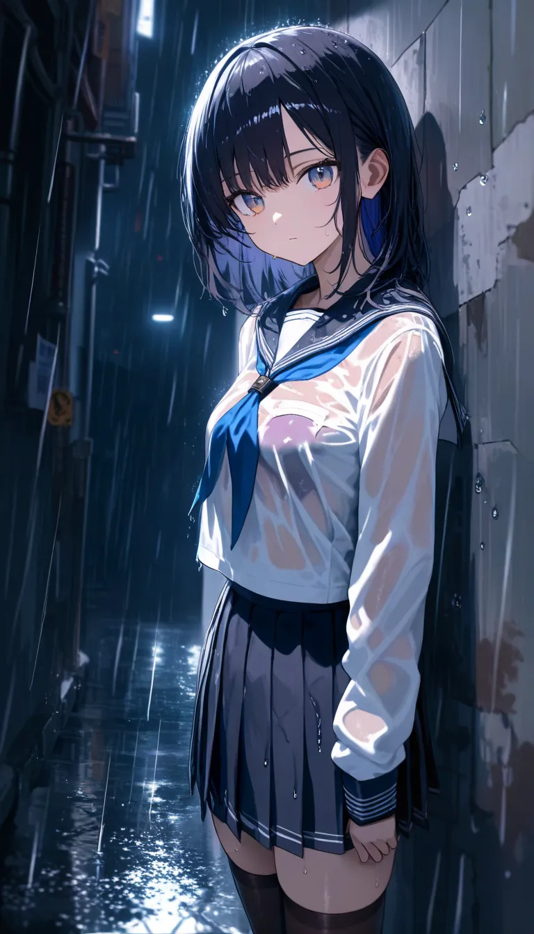 one woman, dark thighhighs, serafuku, pleated skirt, wet clothes, rain, alley, at night, expressionless, cowboy shot, highly detailed, HD, 4K, Masterpiece, highres