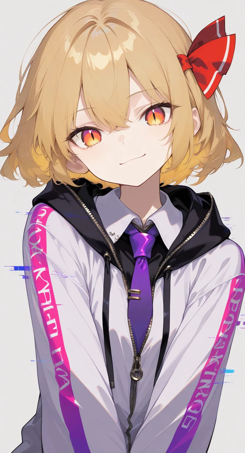 sharp details, masterpiece, best quality, very aesthetic, absurdres, sharp details,rumia, 1girl, blonde hair, short hair, hair between eyes, multicolored eyes, expressionless, yellow eyes, light smile, portrait, red eyes, slit pupils, smirk, tsurime, wing ...