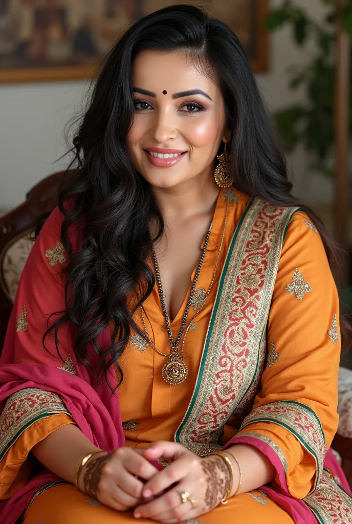 


 ((32K, top-quality:1.5, masterpiece, A high resolution, Photorealsitic)), A beautiful plus size Pakistan's,40 years old , bindi and light lips woman, HOMELY Lady, wearing Punjabi Suit, henna (mehndi) in both hands
Sitting on a chair at home,black thick...