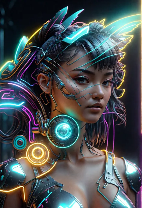 metallic lines，Chrome effect，cyberpunk girl，film lighting，3D，oc render ， unreal rendering 5 ，8K， Ultra - detailed，complex，Apache mythology，film lighting，Illuminated border， octagonal rendering ，8K， Ultra - detailed，artwork，8K，hiper real， Ultra - detailed、 ...