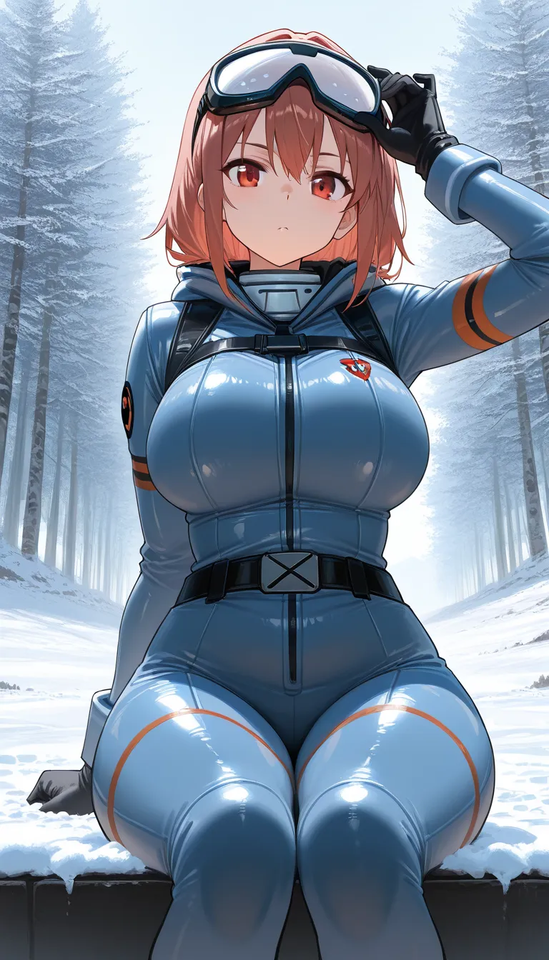  masterpiece, best quality, 4k, 8k, highres, ultra-detailed, HDR, UHD, sharp focus, extreme detail description, anime style,Source anime , Wintersuit, snow goggles, Thicc butt, Thicc thighs, Looking at viewer,sitting down, arm raised