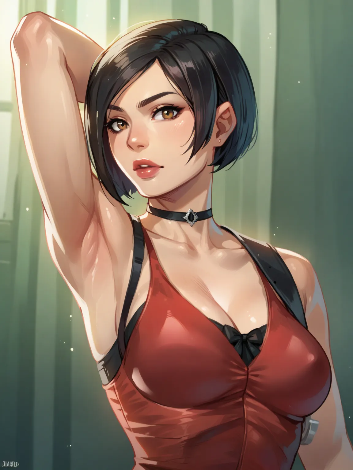 AdaResidentEvil2Remake, 1girl, red dress, black pantyhose, brown eyes, short hair, black hair, black choker, jewelry, large breasts, bracelet, sleeveless dress, bob cut, lips, short dress, raised hand, armpit, 