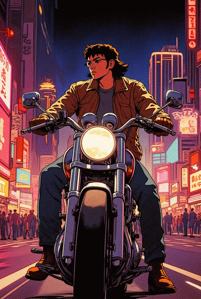 Young Taiwanese police officer, 1,  80cm tall  , slightly muscular physique, Cut your 1980 mullet, wears a brown leather jacket with medium sleeves, jeans, brown boots, dark glasses,  serious and confident expression  , riding a 1980 motorcycle, motorcycle...