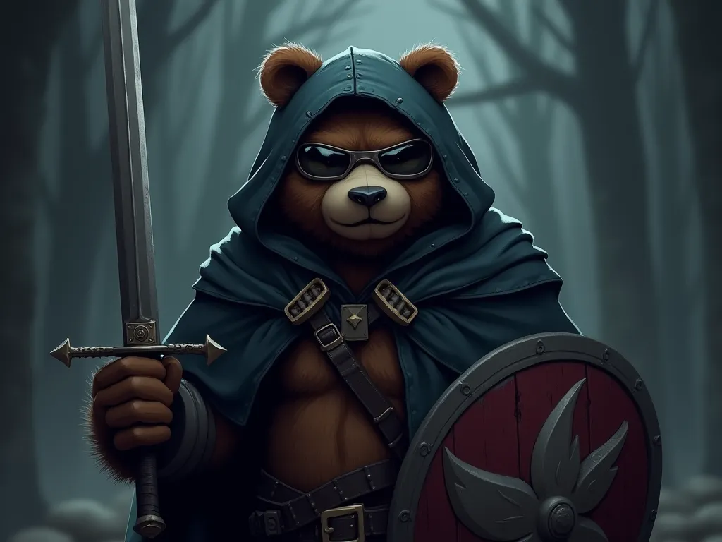 A furry character looking like a male bear. Holds a sword in his right hand and a shield in his left hand. He wears night visors and wears a hooded cape, which is broken at the edges. The environment is dark and mysterious, as if he were in a medieval batt...