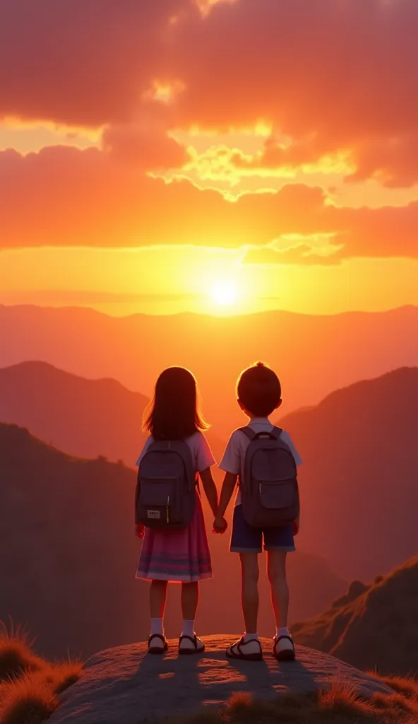 Back view of two students watching the sunset、Small with people at the center