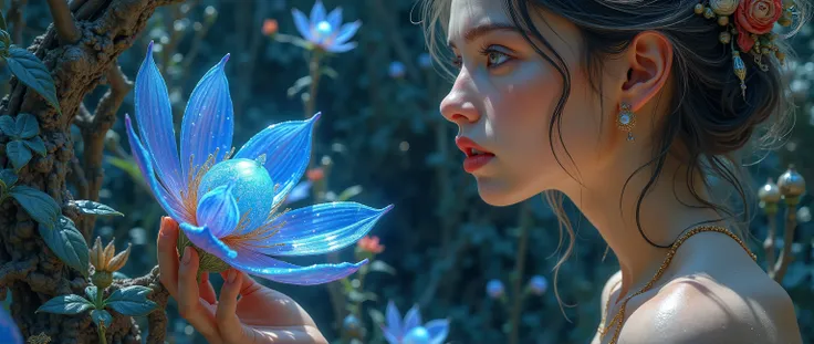 epic oil painting , 16 thousand., photo quality, The fantasy zone , science fiction, close-up portrait of a girl, an elegant and fragile naked girl looks at an alien flower of incredible beauty with iridescent blue flowers , dangerous mangrove...