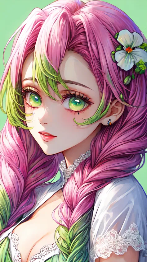 Convert your flower art into illustration.、Create backgrounds with vibrant colors and unique touches　The type of flower is statice、Gypsophila、sweet pea、Mix in some lace flowers, portrait, face portrait, big breasts, cleavage, pink hair, green eyes, (green ...