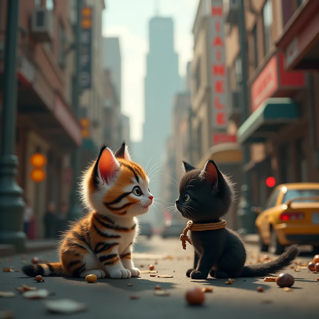 create a 3d image of a striped kitten in white colors, black and brown talking to a little black kitten that is tied by a rope in an alley in a large metropolis, Full of tall buildings, cars and people on the streets