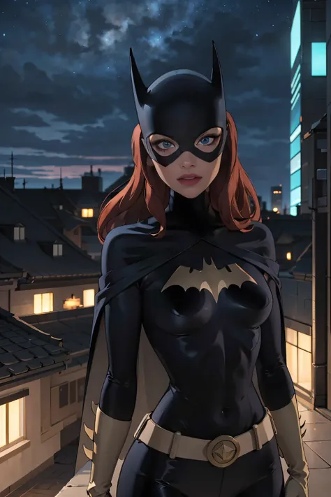 masterpiece, best quality, 1girl,  CARTOON_batgirl_ownwaifu,www.ownwaifu.com,mask,long hair,blue eyes,bodysuit,breasts,cape,domino mask,belt,medium breasts,superhero,gloves,lips,black bodysuit,helmet,belt buckle,horns,bat_print,pouch, curvy, toned, large b...