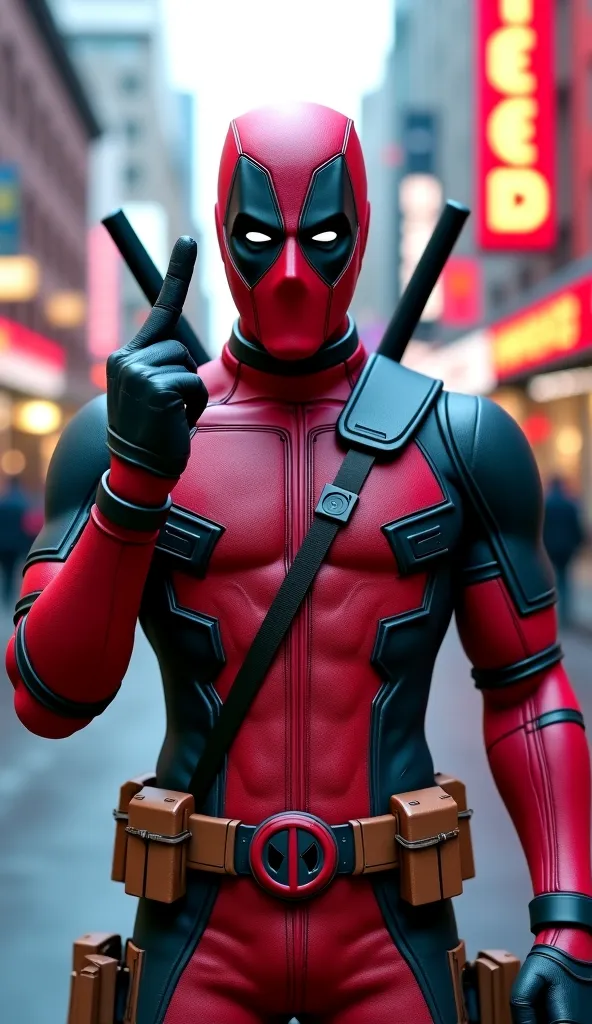 An ultra-realistic and highly detailed 8K image, Deadpool dressed in his battle-worn red and black suit, gives the middle finger in a curse gesture. The lighting is cinematic, with bright city lights casting soft shadows that highlight the details of both ...