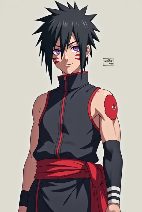 Create a MALE male character with BLACK hair and PURPLE eyes, FACE PAINTS WITH THE COLOR RED with 1, 70 cm tall , ATHLETIC physical size and wearing LOOSE CLOTHES THAT HIDE THE BODY AND WITH A PUPPET TIED AROUND THE BACK in the Kishimoto art style (creator...