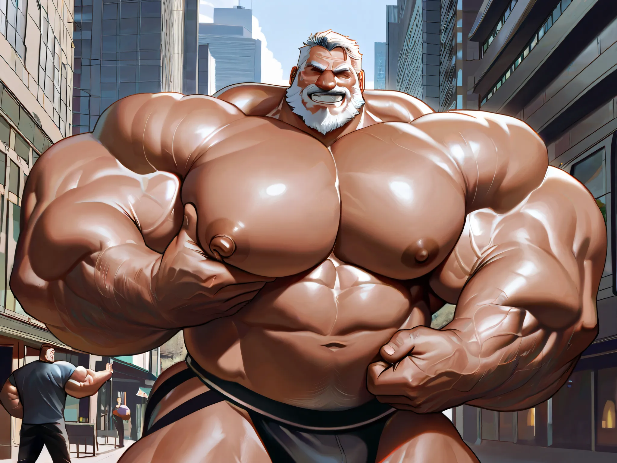 2mans, hyper muscular, old man, shirtless, very huge pectoral, jockstrap, grin, city, detailed face, wide shoulder,very thick arms, massive arms, sucking nipples, wide pectoral, muscle, short hair:1.2, masterpiece, semirealistic:1.2, high detailed, 8k, hig...