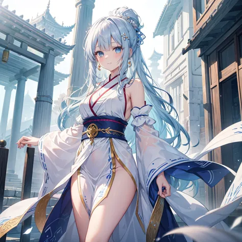 ((Masterpiece, UHQ, UHD, 8K, Shounen Style, Isekai Style, highly detailed, vivid colors)) A young woman with fair skin and light blue eyes that shine with an almost ethereal serenity stands in front of a majestic white oriental temple. Her medium-length si...