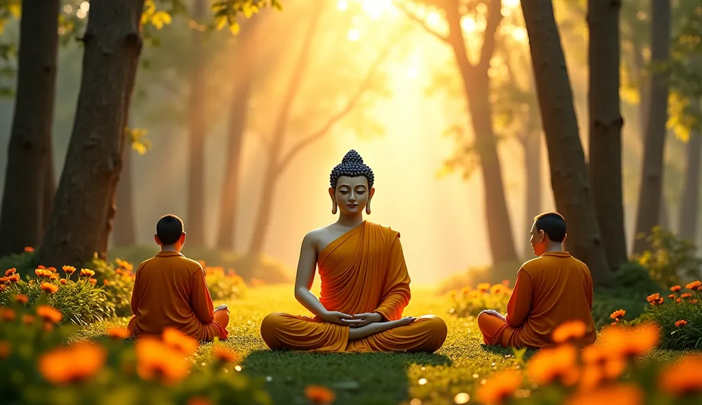 A serene scene of Buddha meditating in a lush forest, surrounded by monks. The beautiful Buddha is depicted with a peaceful expression, wearing a flowing golden robe, sitting in a lotus position. The monks, dressed in similar orange robes, sit attentively ...