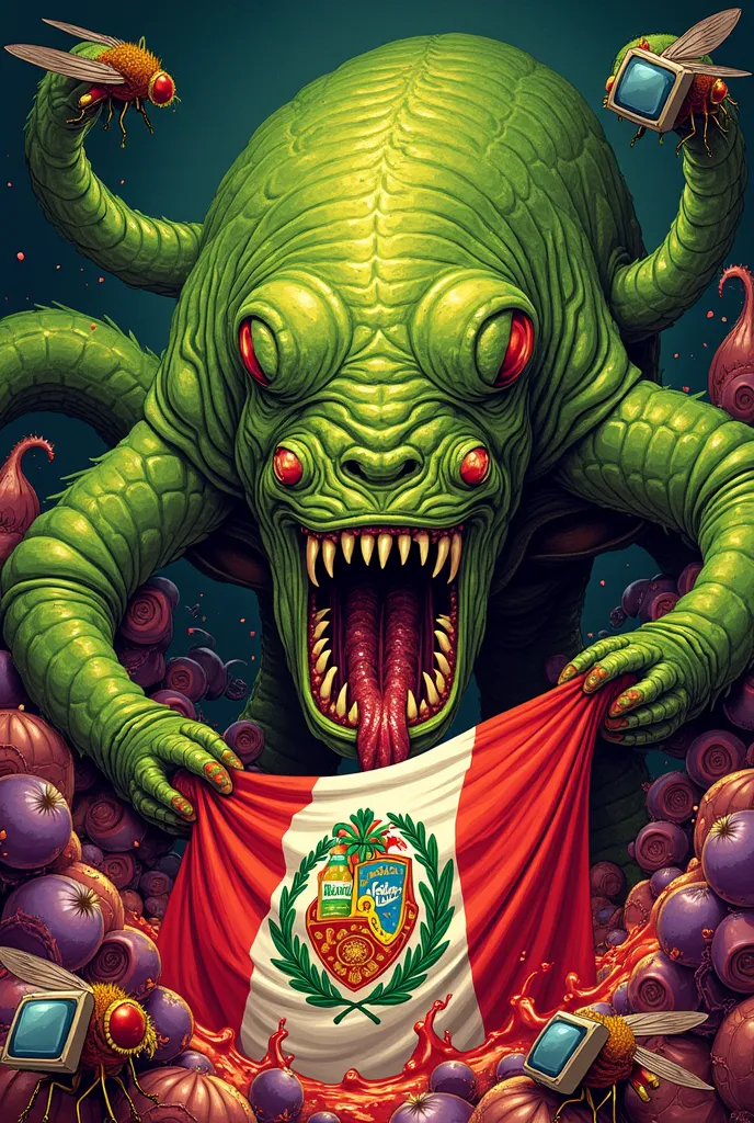 "Mutant ceviche monster with chili tentacles and razor teeth, devouring a Peruvian flag made of purple onions, hyper-detailed slimy textures (fish scales oozing lime juice), background of melting Inca Kola bottles and Pilsen Callao caps, GUTALAX-style gore...