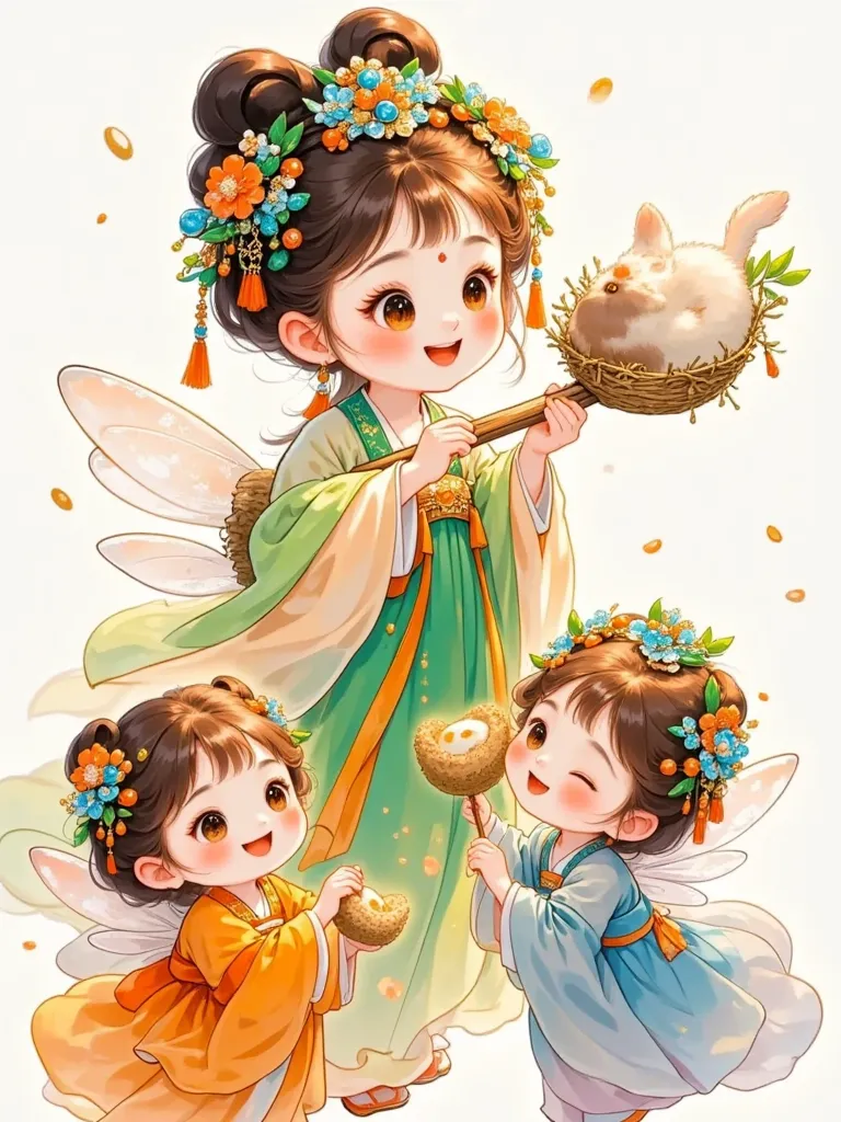 Four Chinese-costumed fairies playing the harmonica