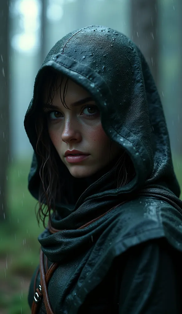 her hood partially covers her head, but her piercing gaze is visible. The wet environment is lush and dense with tall trees and mist in the background. The lighting is moody and cinematic, with soft diffused light filtering through the storm clouds. The wa...