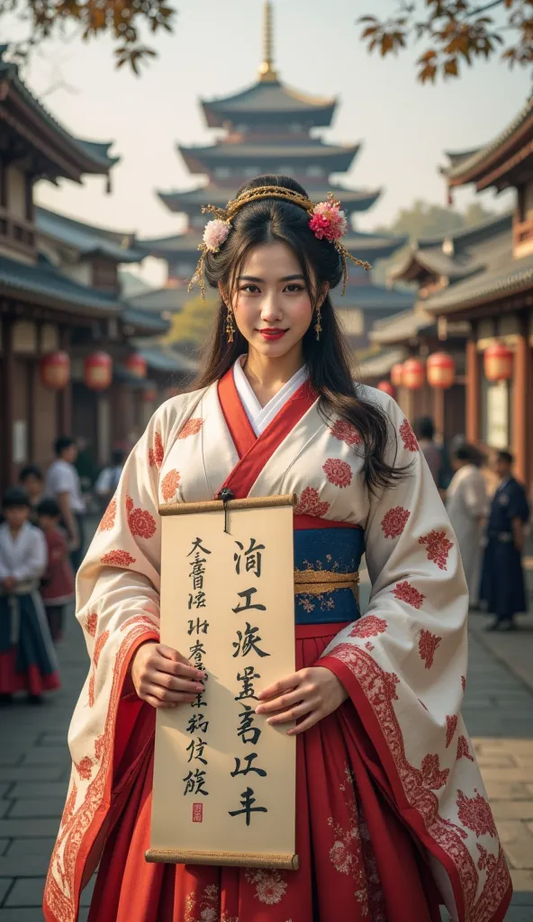 ((**Prompt:** during ancient japan tokugawa time, Create a hyper-realistic wide scenery image of a prehistoric japanese geisha female sitting confidently at the forefront, her full body view showcasing her elegantly busty silhouette. She holds writing down...