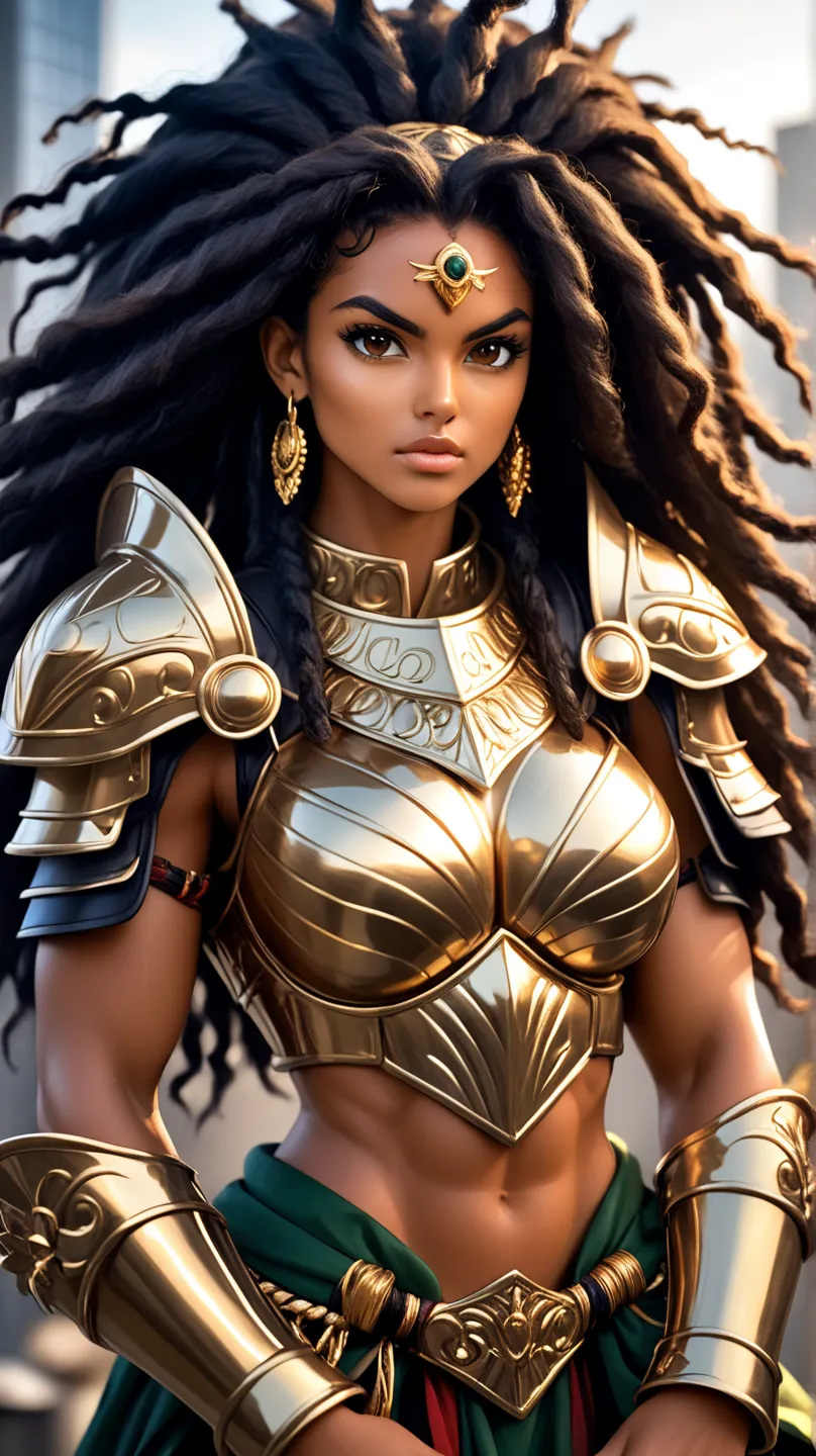 A young, black Brazilian warrior woman of tall, imposing stature, wearing shiny bronze armor that highlights her strong, feminine muscles. Her face is of rare beauty, with elegant features and an expression of determination and strength.
Her skin is a ligh...