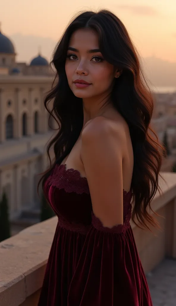 A captivating woman with a unique Mediterranean-inspired allure, long wavy jet-black hair flowing over her shoulders, subtly reminiscent of Tuba Büyüküstün’s timeless elegance yet wholly original. She has striking, slightly larger almond-shaped eyes in a l...