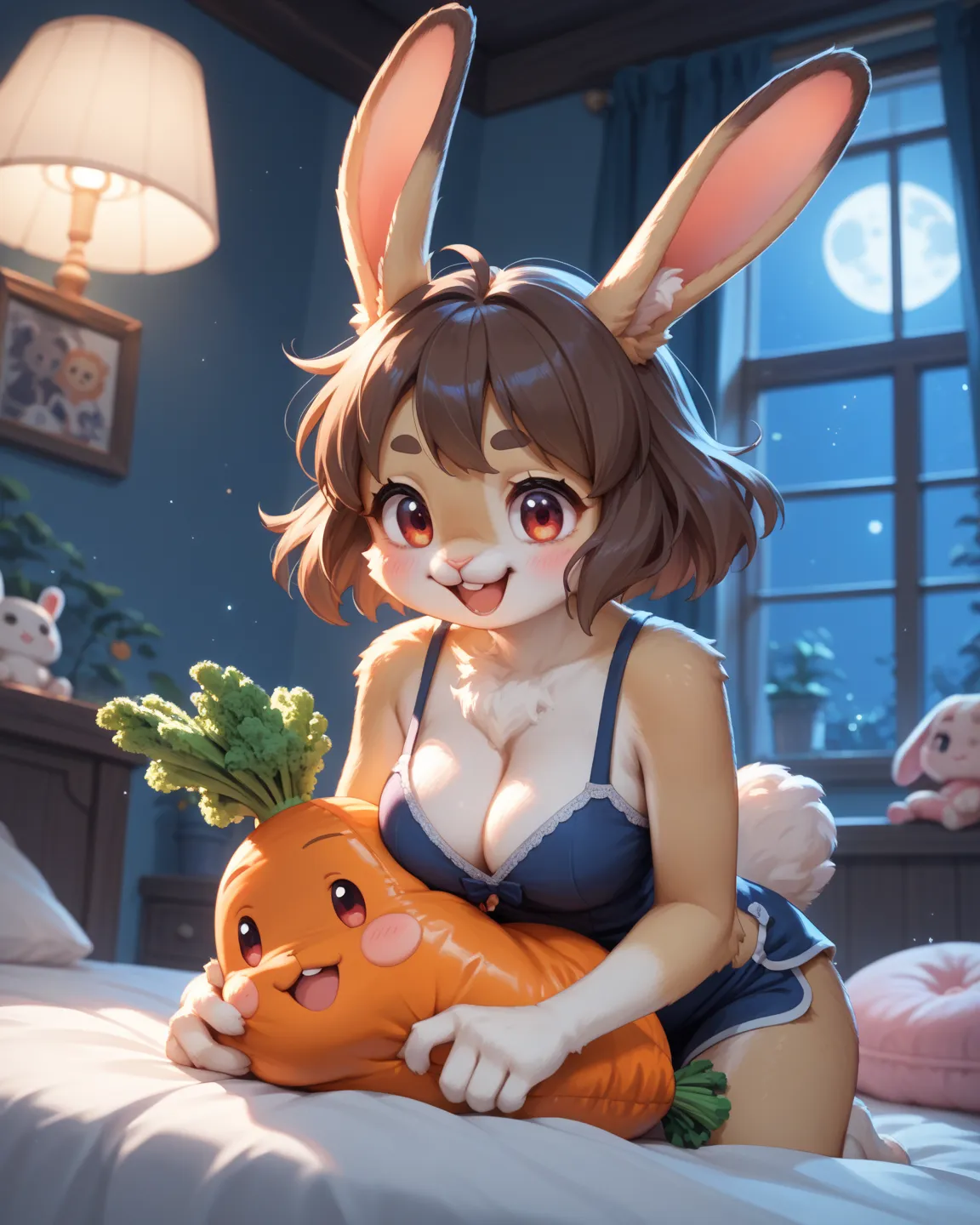 crackpot night wear , in the bedroom , on the bed , night , dim moon light
, kawaii anime style , petit girl, round face, bold pose, out of frame , crackpot , furry rabbit , Cleavage
, Riding on a large carrot-shaped cushion