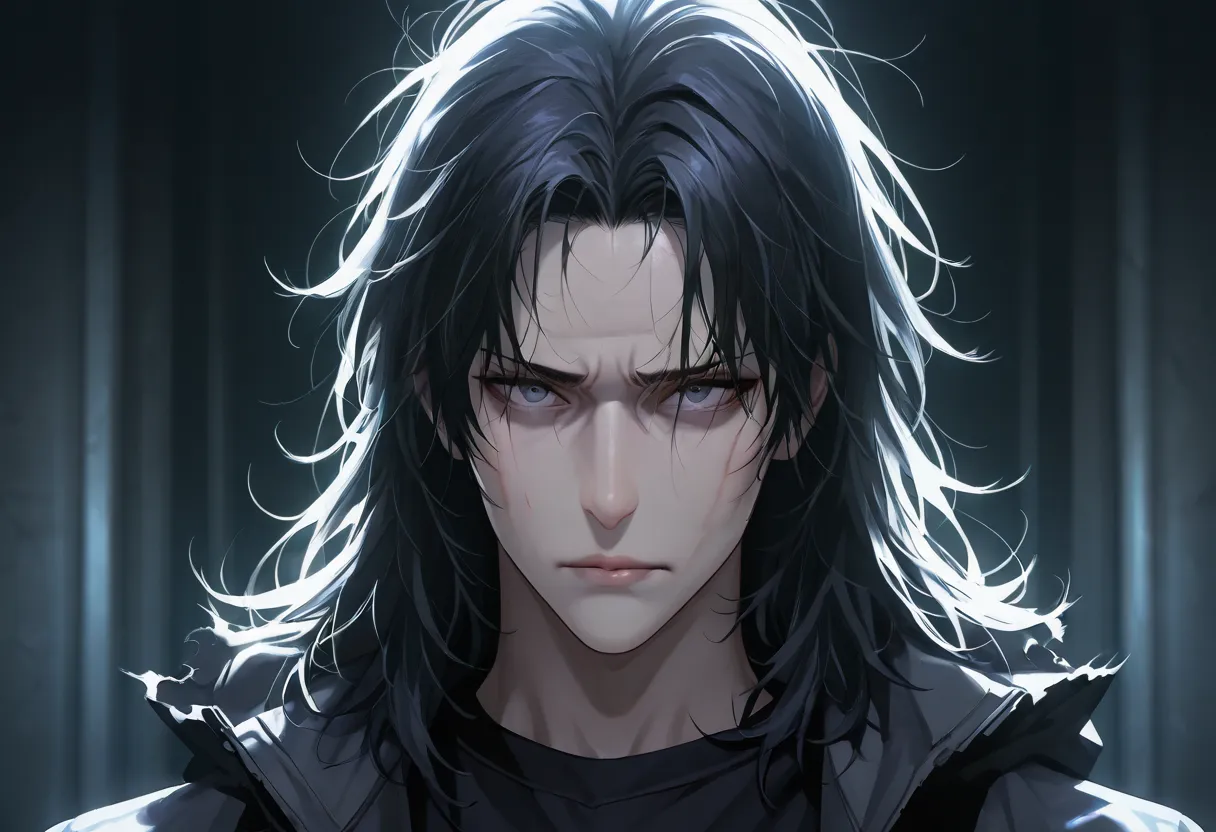 A realistic illustration of a young man wearing simple, slightly torn clothes. His face is pale and thin, with slightly sunken cheeks and a grim, frowning expression. His dark, messy hair falls over his forehead, and his straight eyebrows emphasize his ser...