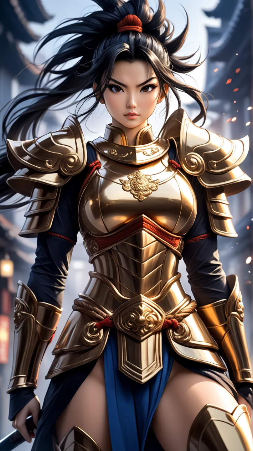 A young Asian warrior woman of tall, imposing stature, wearing shiny bronze armor that highlights her strong, feminine muscles. Her face is of rare beauty, with elegant features and an expression of determination and strength. Her skin is extremely milky w...