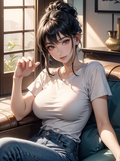 (textured skin, masterpiece, high details, high quality, 8k)、sharp focus、Clear Images、黒髪のrandom hairstyle、Mature Female、a Japanese woman、40-year-old housewife、Woman relaxing on living sofa in t-shirt and jeans。random hair color、random hairstyle、 big smile、...