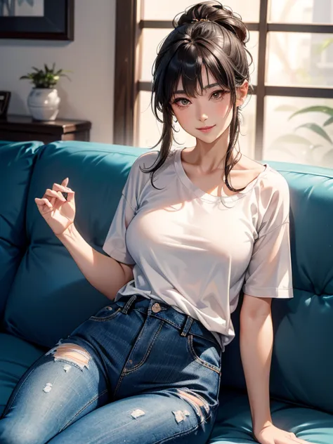 (textured skin, masterpiece, high details, high quality, 8k)、sharp focus、Clear Images、黒髪のrandom hairstyle、Mature Female、a Japanese woman、40-year-old housewife、Woman relaxing on living sofa in t-shirt and jeans。random hair color、random hairstyle、 big smile、...