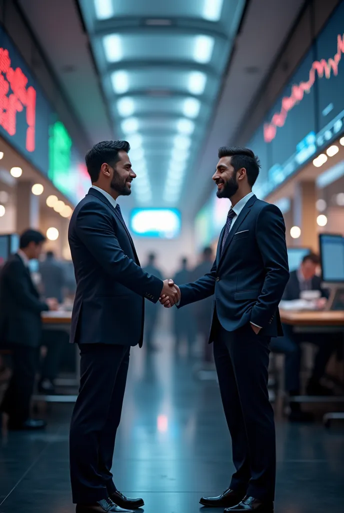 Create images where two executive businessmen are; a modern buyer and seller, of the current era, happy in a trading environment and there are people in the background buying and selling.
