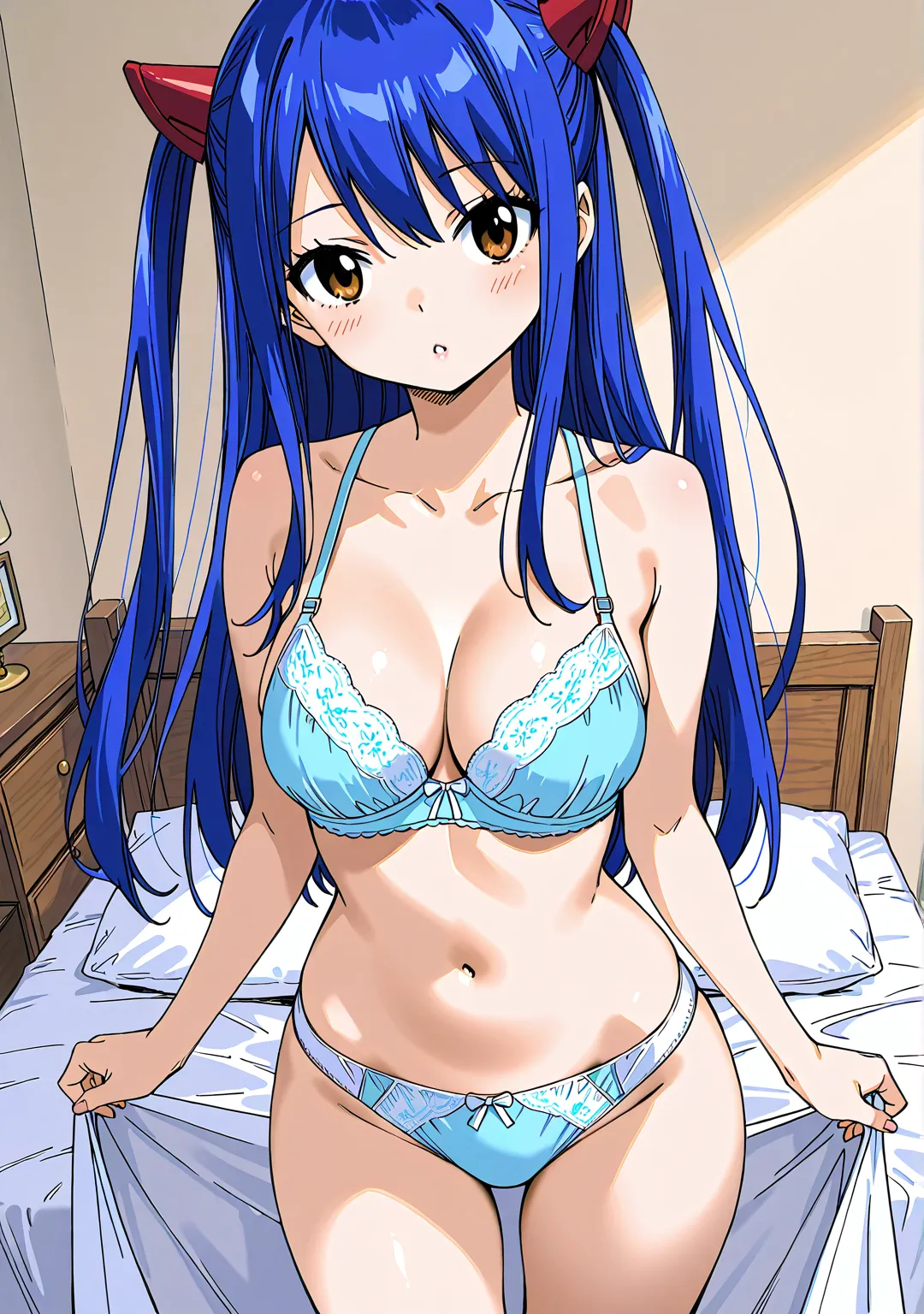 Wendy Marvell、Wendy、Fairy Tail、Mashima Hiro style picture 、Mashima Hiro's design、beautiful girl、 troubled face、Blue Hair、 Girls Room、Panties in hand 、holds panties with both hands、 steam coming out of panties 、chest of drawers、 show off your seductive pant...