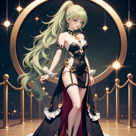 1girl, green hair, black dress, solo, ponytail, ahoge, glow eyes, gala dress, garter on the legs, full body shot, strapless, streaked hair, cute pose, very long hair, long flowing hair, v neckline, meet gala aesthetic, red carpet style, full body, too many...