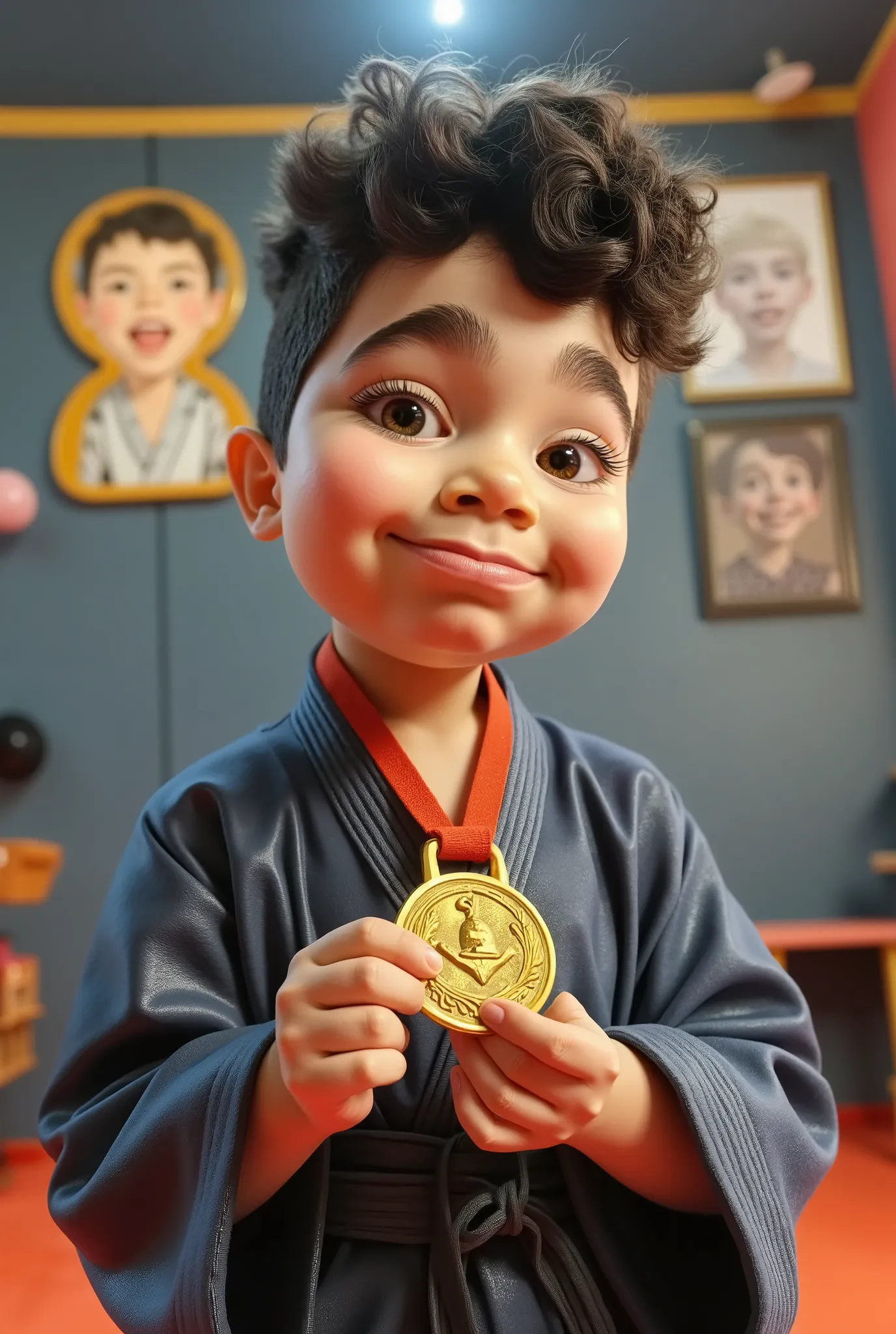 ((A 3D Pixar-style)) a boy champion of judô wearing a kimono, medal. 