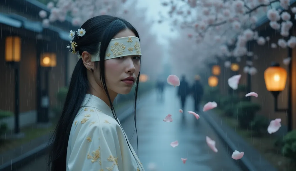 A serene, cinematic anime shot of a blindfolded young woman standing calmly in the rain. Aya wears a flowing white kimono adorned with delicate golden embroidery. Her long black hair cascades gently down her back, decorated with small white flowers. Her fa...