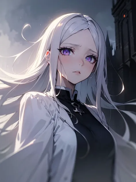 gothic anime girl,аниме 90-х,Gothic,1 woman,dark church,purple eyes,dark ambient, low saturation,Anime style,pale skin,long platinum hair,Gothic clothing, Orihime , surreal background ,mysterious atmosphere,intense emotions,melancholic expression, dim , le...