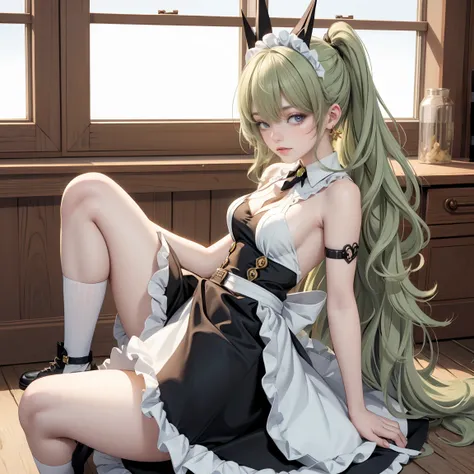 1 , green hair, harness, black dress, Alone, braids, ahoge, armpits, bright eyes, harness, maid dress, Peito Sarashi, Cut and skirt , Garters on the legs, cowboy shooting, stomach,  strapless , white apron, maid dress, maid, harness, very long hair, long f...