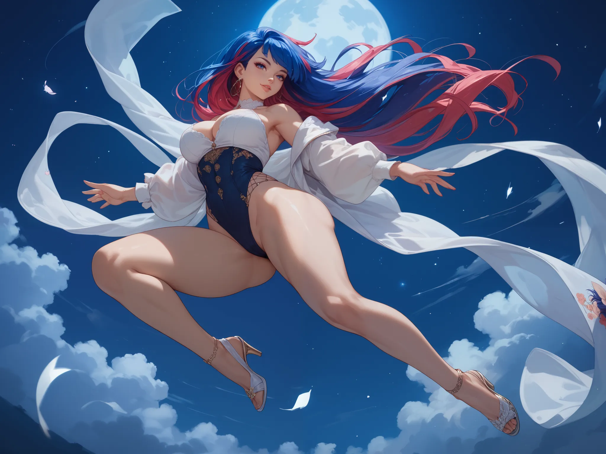  anime woman night,(((random color hair))), long hair, full body, in perspective(((body with beautiful curves, in the air))) 