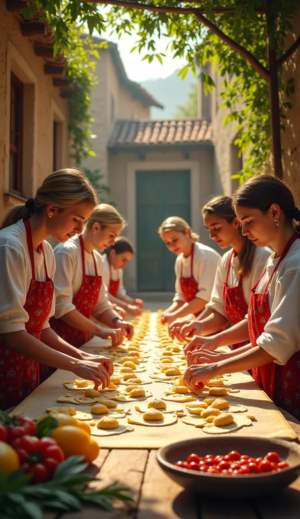 women making closed ravioli in turkish village 