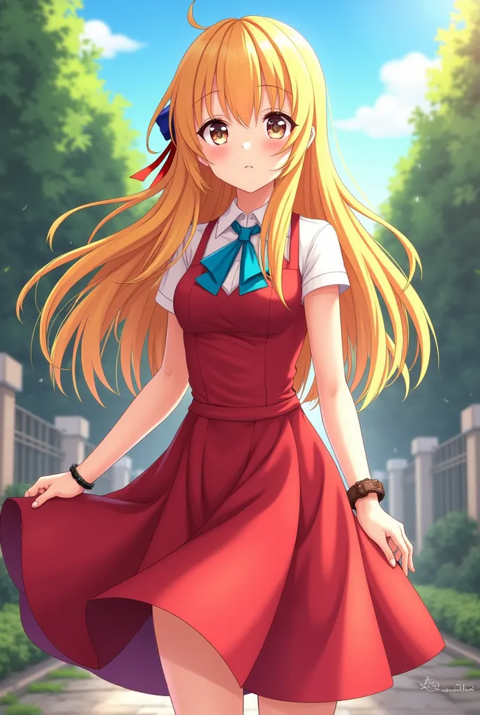 Anime girl with long golden hair in a red dress and blue tie, anime girl named Luria, best anime girl , blonde Long hair anime girl, pretty anime high school girl, Anime images of cute girls,  anime characters, as an  anime characters,  anime high fructose...