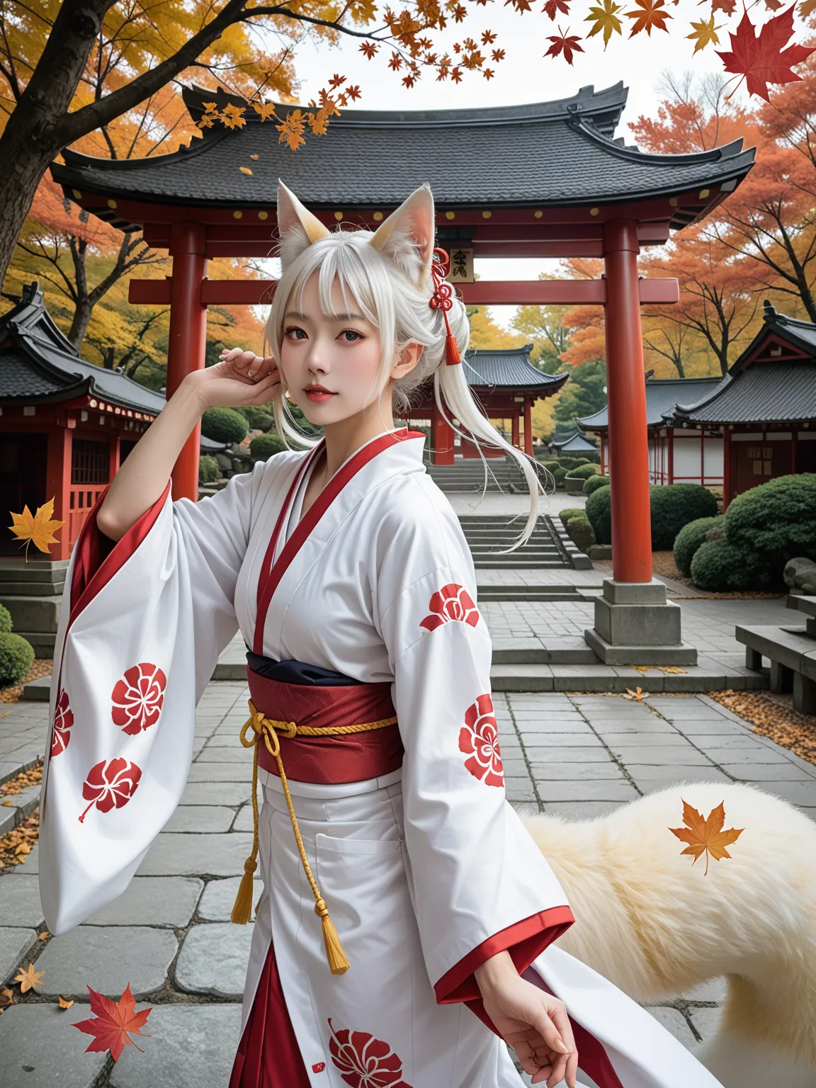 it has ears that look like a fox grow from its head,It has a big tail,Long white hair,Shrine Maiden's Kimono, Beast Ears,It has a big yellow tail,white skin、score_9, score_8_up, score_7_up,
1 woman,  Japanese Girls,shrine, evening,autumn leaves are dancing...