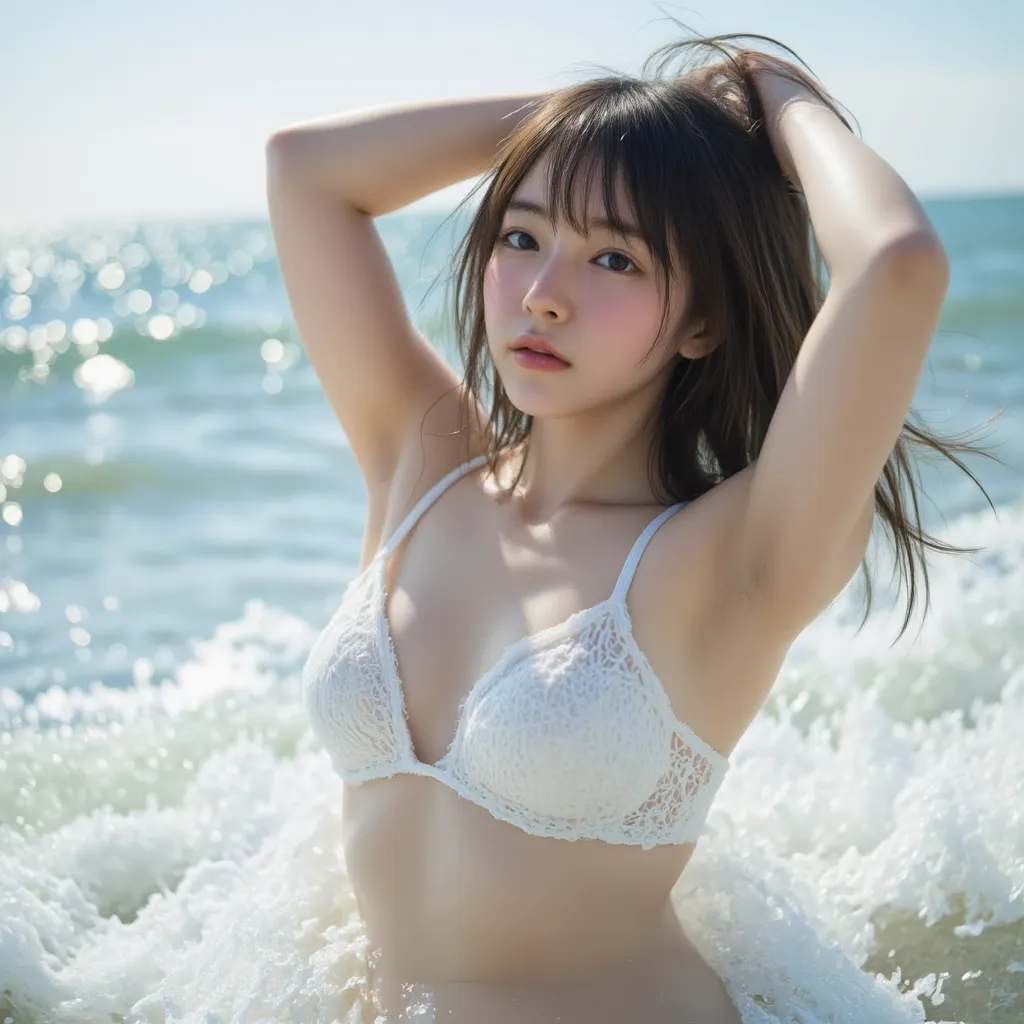 Beautiful Japanese girl standing in the sea.. she stretches her arms upwards and arched her back, looks very comfortable. Submerged in water up to chest level. Soft white waves wrap around her chest. Sexy, Refreshing light,  Detailed face and eyes, Fine sk...