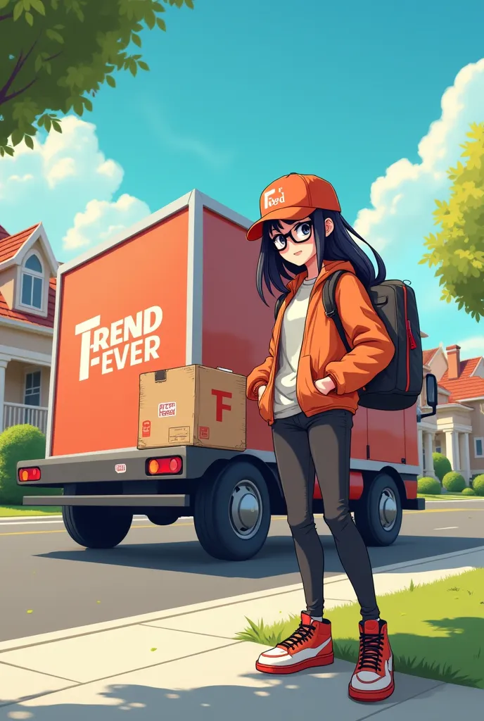 I'm looking for a cartoonish design featuring a female anime-style character dressed in the latest fashion trends, complete with Jordan sneakers and fashionable glasses. This character should be depicted delivering packages in a suburban neighborhood, with...