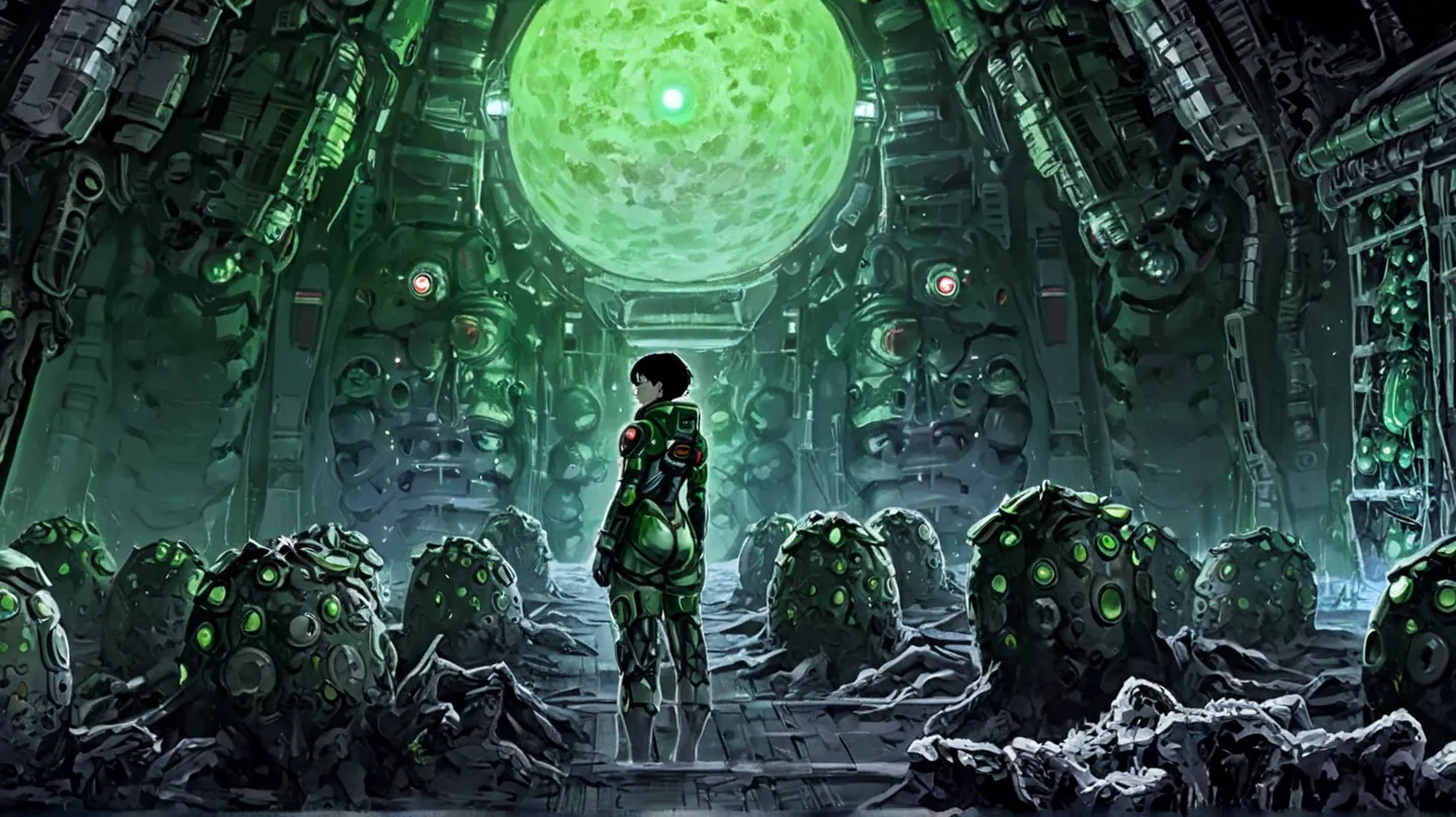 curvy girl in her 40s, with short black hair and curlers, With your back in underwear, spaceship wearing an Evangelion-style astronaut suit that is broken looking in profile, realizing that it is surrounded by Alien eggs, And there are also some green bein...